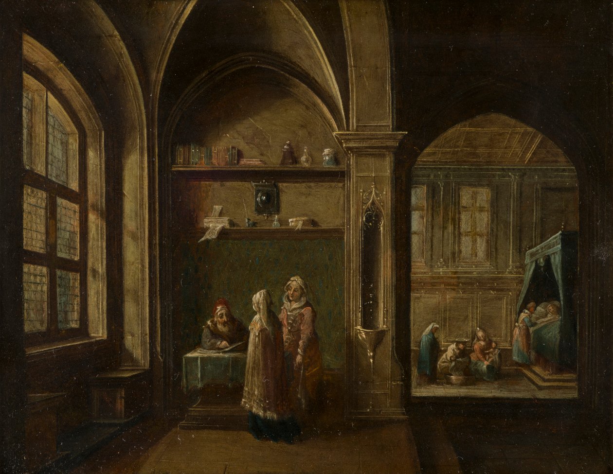 Um Interior renascentista com figuras: O Nascimento de São João, c.1600-49 (óleo sobre cobre) de Hendrik the Younger Steenwyck