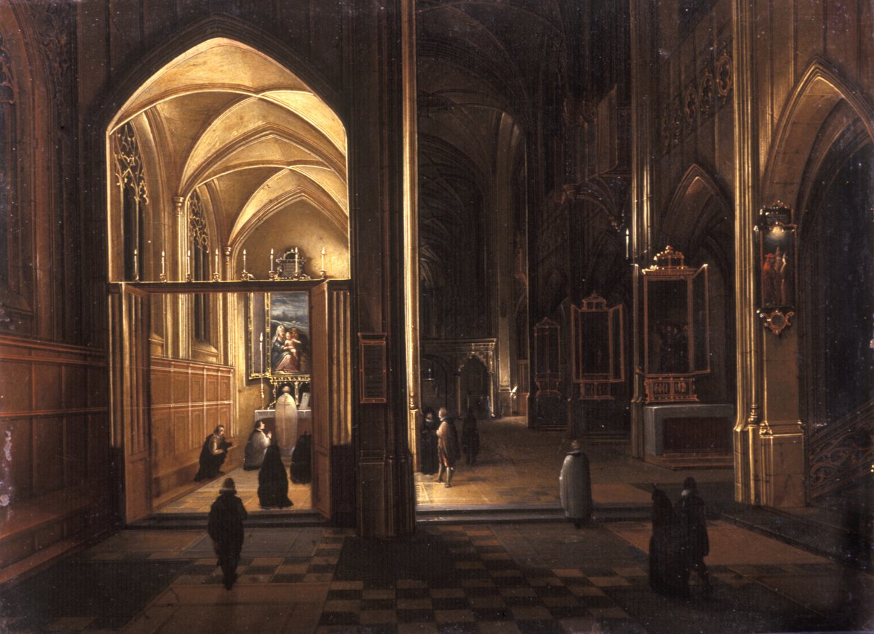 O interior de uma igreja gótica (óleo em cobre) de Hendrik the Younger Steenwyck