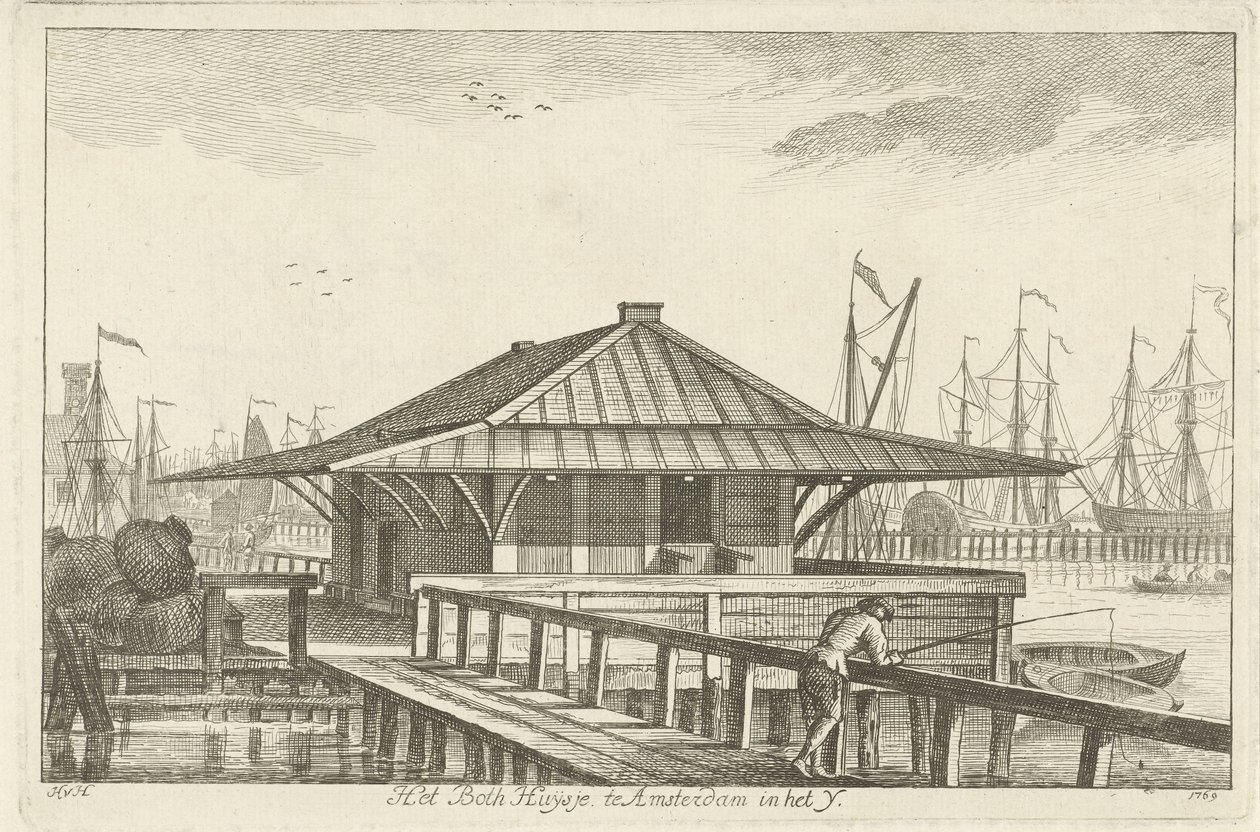 Bothuisje em Amesterdão no rio IJ (título sobre o objecto) de Hendrik van Hilten