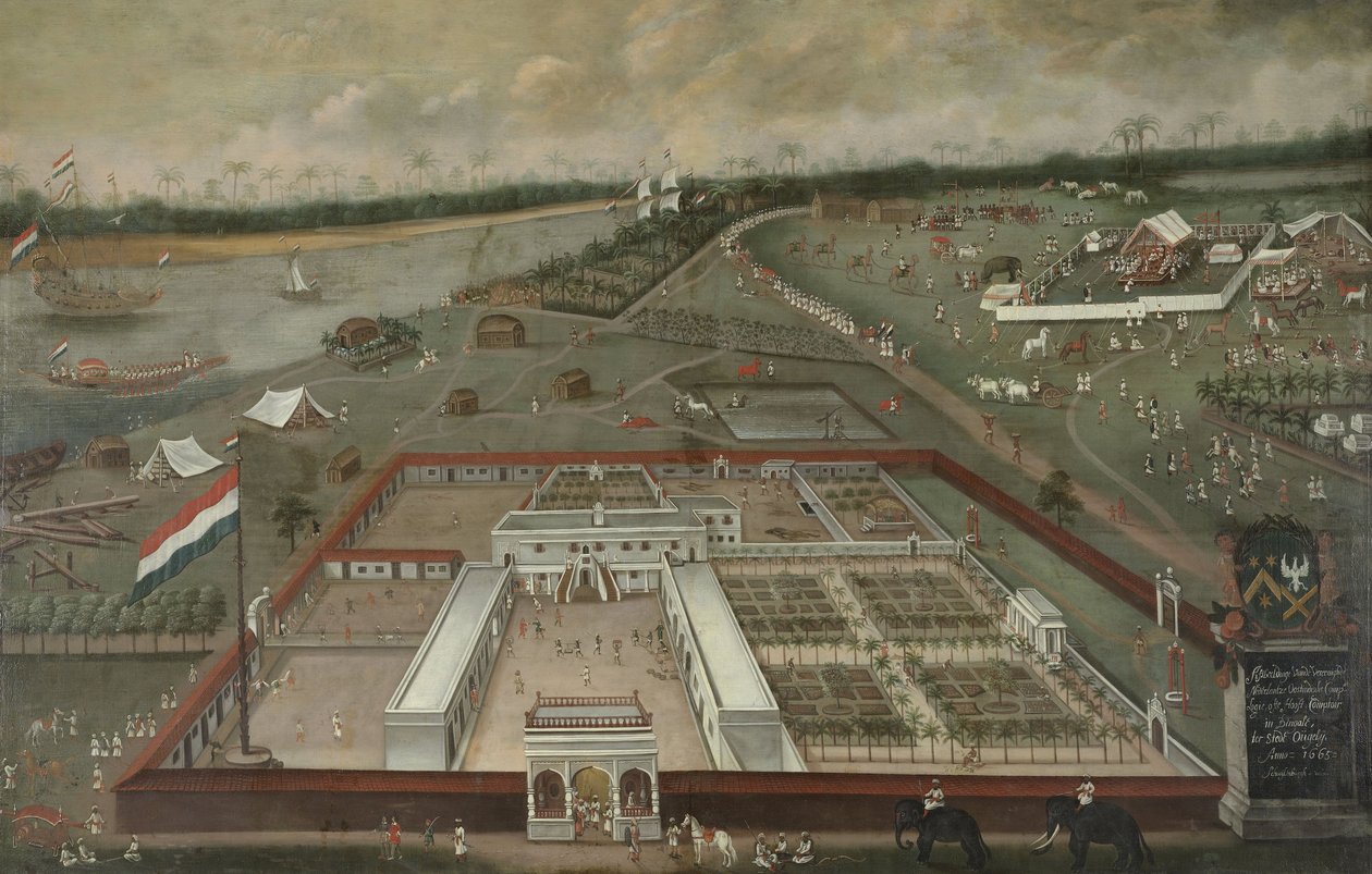 O Posto Comercial da Companhia Holandesa das Índias Orientais ao lado do Ganges em Hooghly, Bengala, 1665 de Hendrik van Schuylenburgh