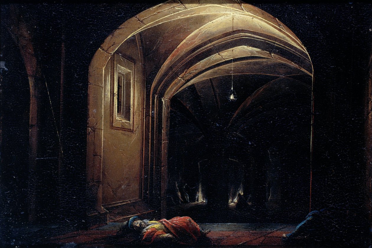 Homens a dormir numa sala com arcos iluminados de Hendrik van Steenwijck (I) (possibly)