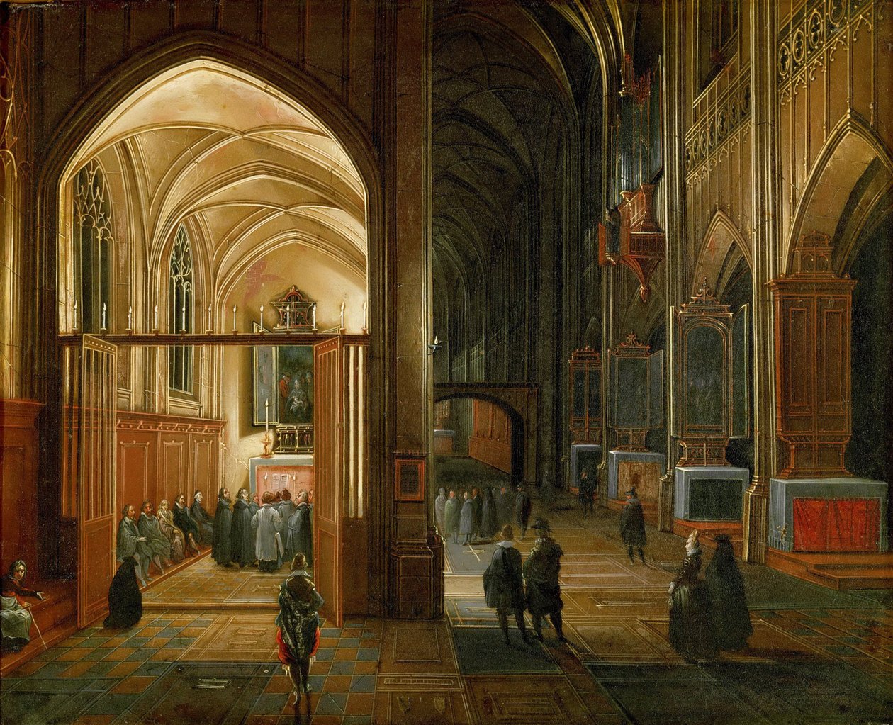 Le service du soir dans une eglise gothique - Culto da noite numa igreja gótica - Hendrick van Steenwyck, o Ancião (c. 1550-1603). Óleo sobre cobre, ca. 1600. Dimensão : 20,8x26,3 cm. Museu de História de Arte, Vienne de Hendrik van Steenwyck