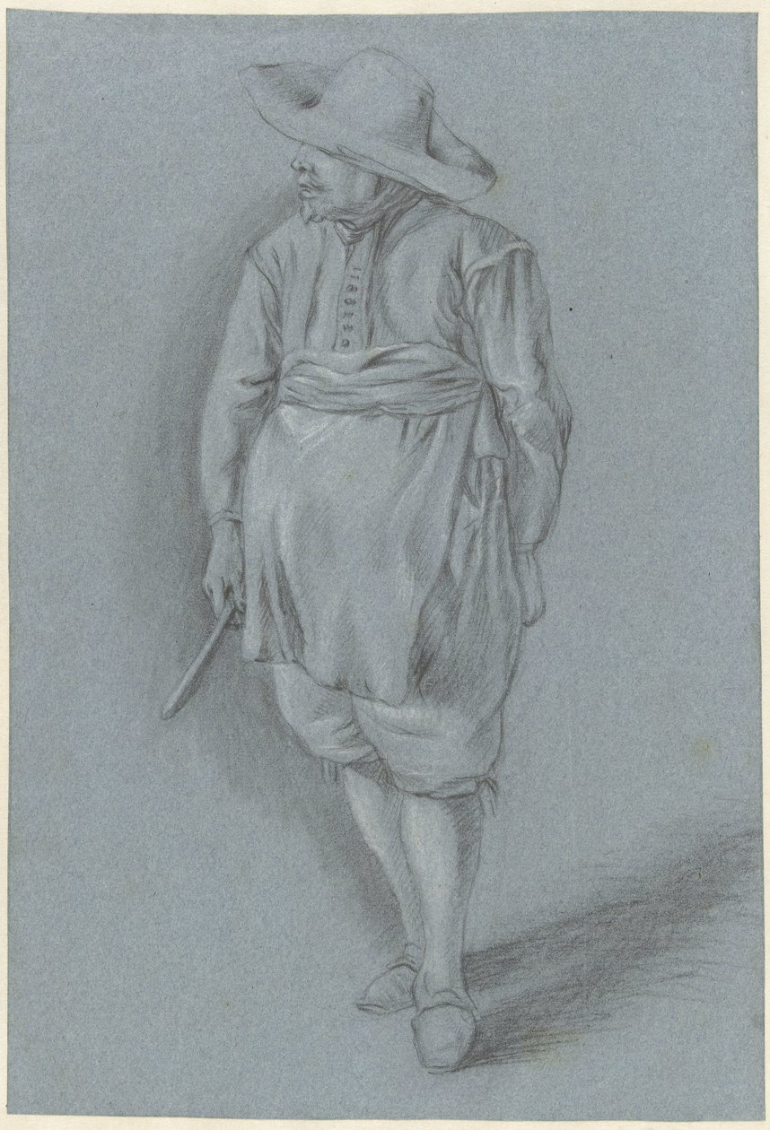 Homem em vestido do século XVII com chapéu, avental e faca de Hendrik van Velthoven (attributed to)