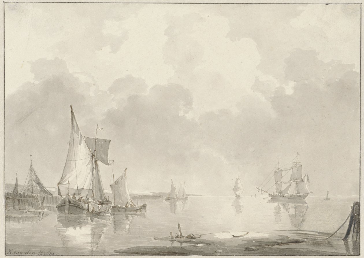 Vista ao largo da costa com navios em águas paradas de Hendrik van den Helm