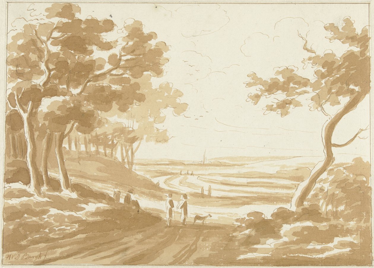 Paisagem com um caminho por onde as pessoas andam de Hendrik van der Burgh