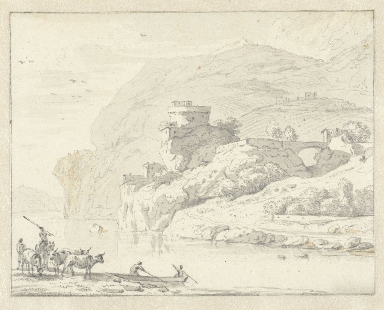 Paisagem montanhosa italiana com pastores e gado e duas figuras em um barco atravessando o rio de Hendrik van der Straaten (attributed to)