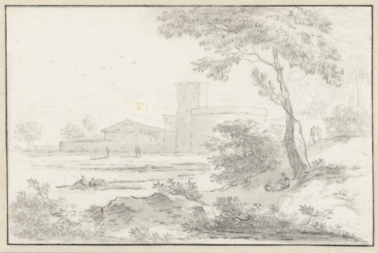 Paisagem italianizada com edifício fortificado ao fundo de Hendrik van der Straaten