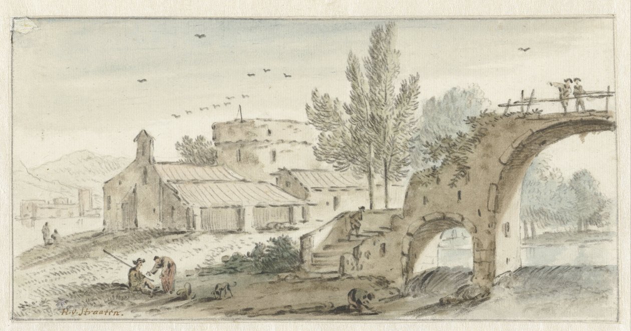 Italianate Landscape com Ponte de Pedra de Hendrik van der Straaten