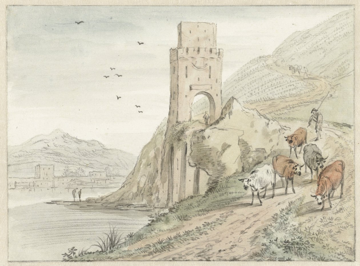 Paisagem fluvial italiana com montanhas e uma torre de portão de Hendrik van der Straaten