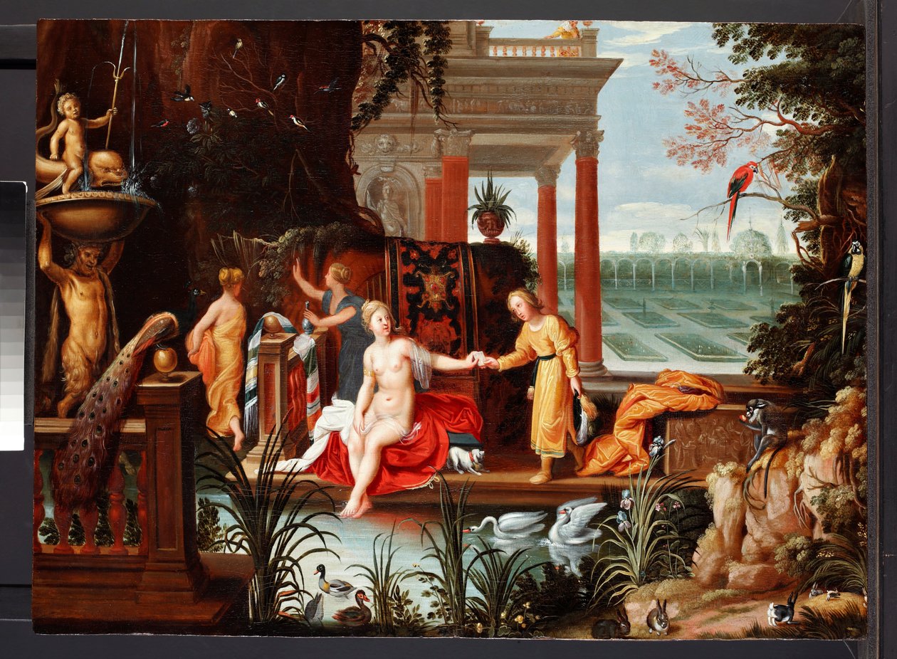 Bathsheba na piscina com os seus assistentes, c.1600-42 (óleo sobre painel) de Hendrik van the Elder (circle of) Balen