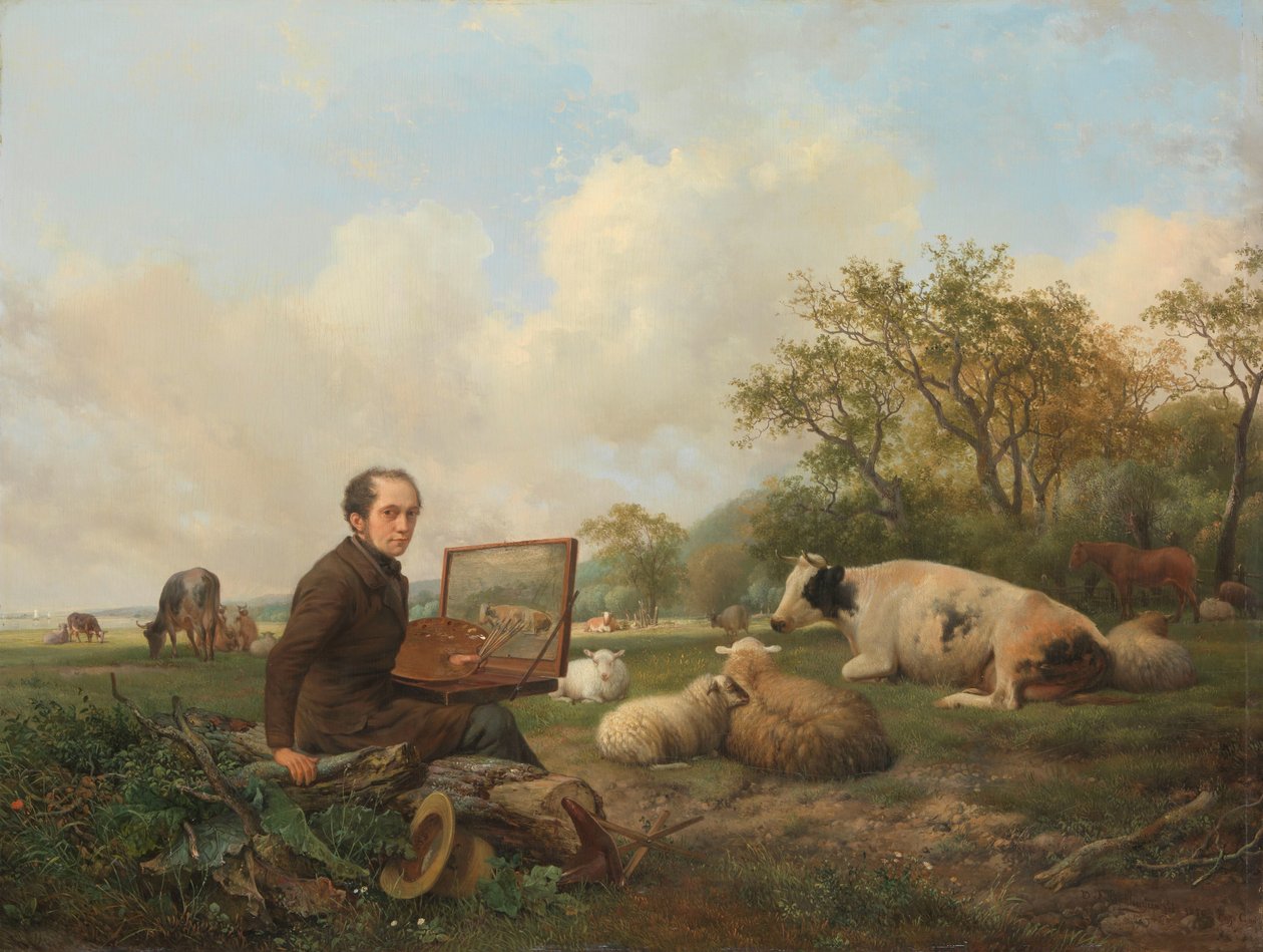 O artista pintando uma vaca em um prado de Hendrikus van de Sande Bakhuyzen (signed by artist)