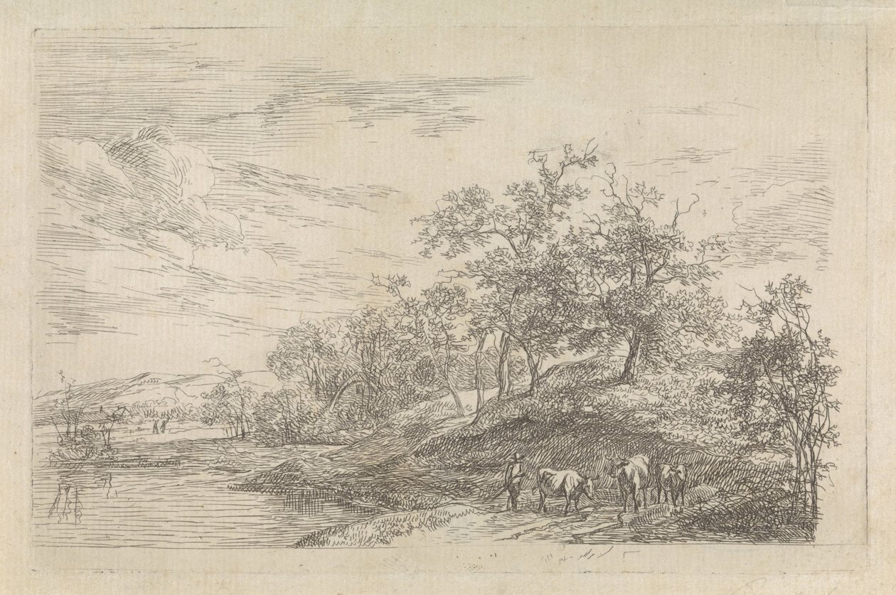 Paisagem montanhosa com um pastor com vacas de Hendrikus van de Sande Bakhuyzen