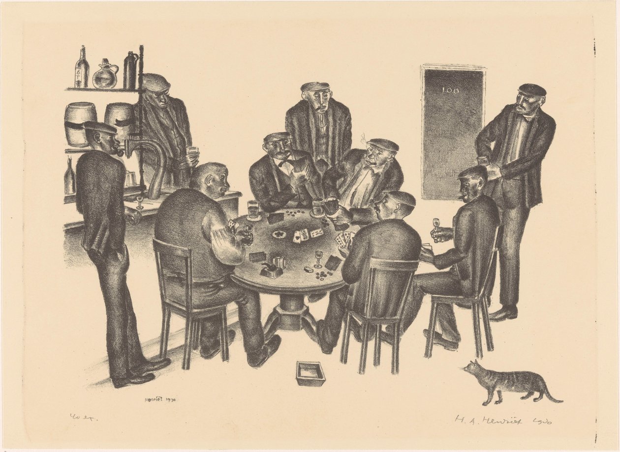 Homens a jogar às cartas num bar de Henk Henriët (signed by artist)