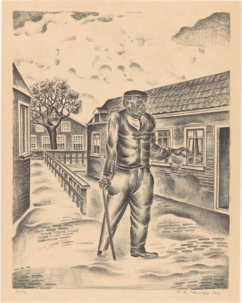 Homem com perna de madeira e bengala de Henk Henriët (signed by artist)