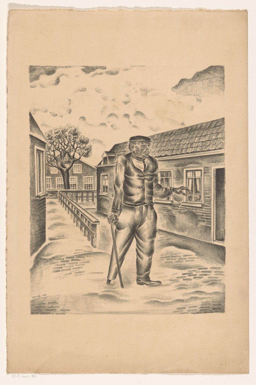 Homem com perna de madeira e cana numa rua da aldeia de Henk Henriët