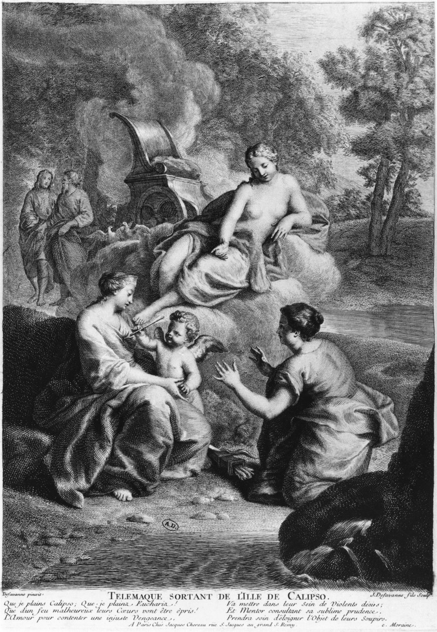 Telêmaco saindo da Ilha de Calipso, ilustração de "As Aventuras de Telêmaco" de François de Salignac de la Mothe Fenelon (1651-1715) gravada por Jacques de Favanne (1716-1770) de Henri Antoine de Favanne