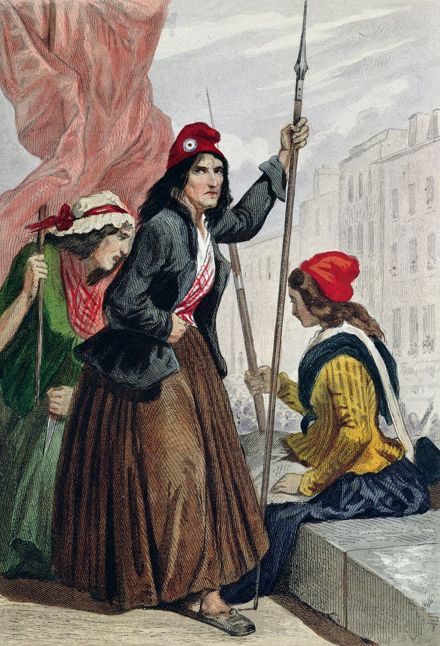 Os tricoteuses da guilhotina nos degraus da Igreja de Saint-Roch, 16 de outubro de 1793 (gravura a cores) de Henri Baron