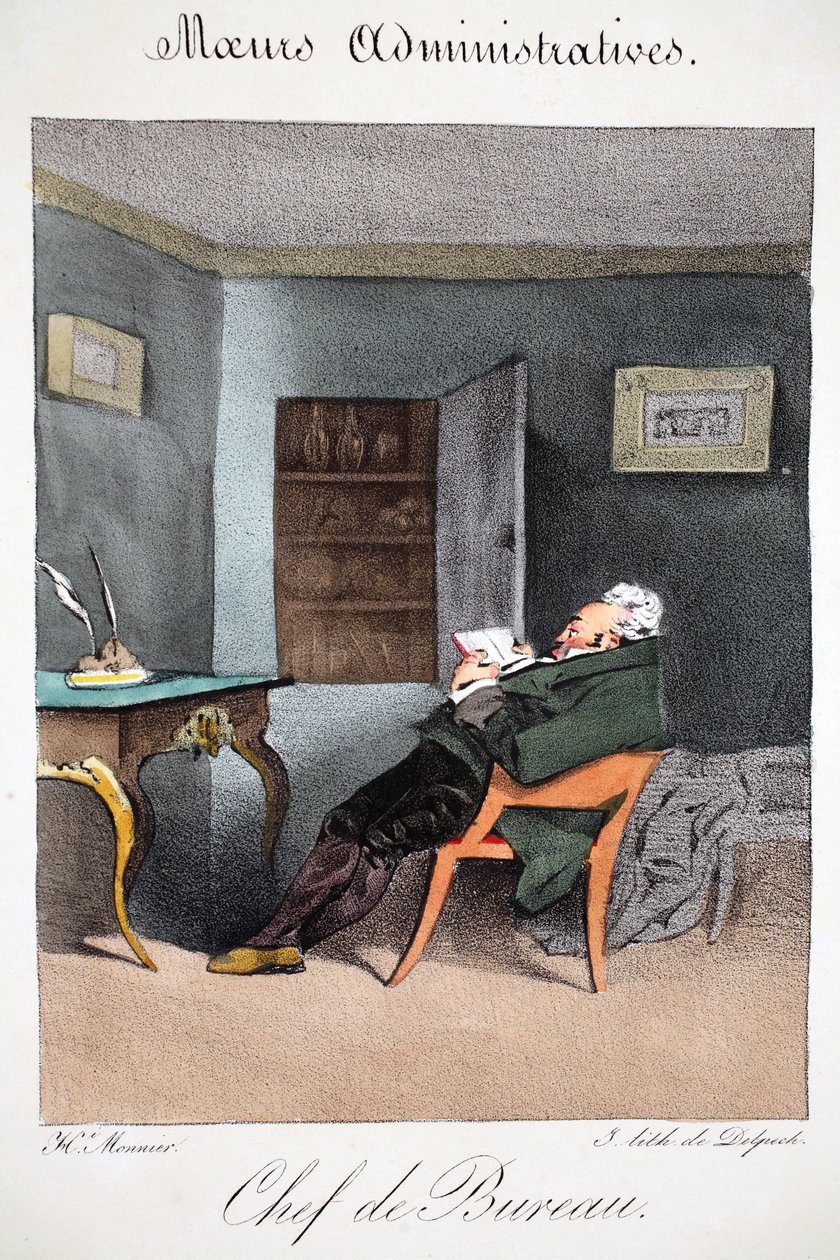 Chefe do Gabinete, ilustração de &39;Administrative Mores, Drawn From Nature&39; de Henri Monnier, litografada por Delpech, pub. Paris, c.1828 (litho colorido à mão) de Henri Bonaventure Monnier