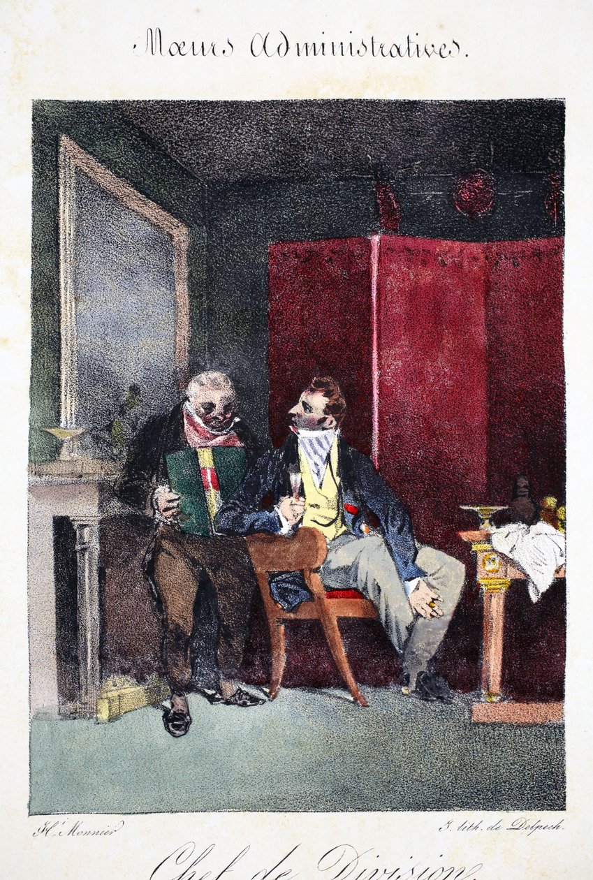 Chefe da divisão, ilustração de &39;Mores Administrativos, Drawn From After Nature&39; de Henri Monnier, litografada por Delpech, pub. Paris, c.1828 (litho colorido à mão) de Henri Bonaventure Monnier