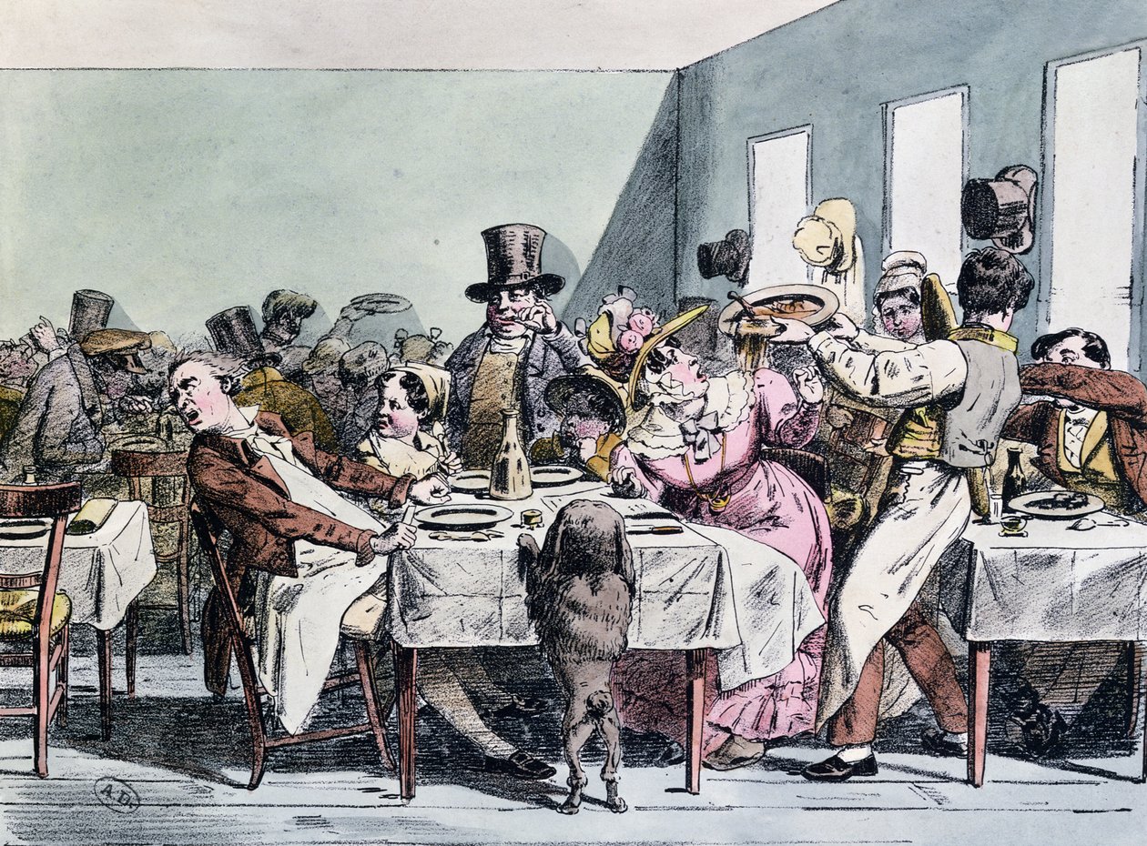 Deliciosa experiência de uma família em um restaurante lotado, c.1860 de Henri Bonaventure Monnier