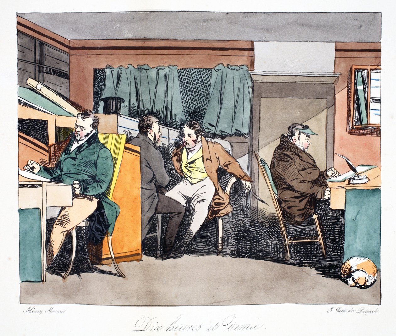 Dez e meia, ilustração de "Administrative Mores, Drawn From Nature", de Henri Monnier, litografada por Delpech, pub. Paris, c.1828 (litho colorido à mão) de Henri Bonaventure Monnier