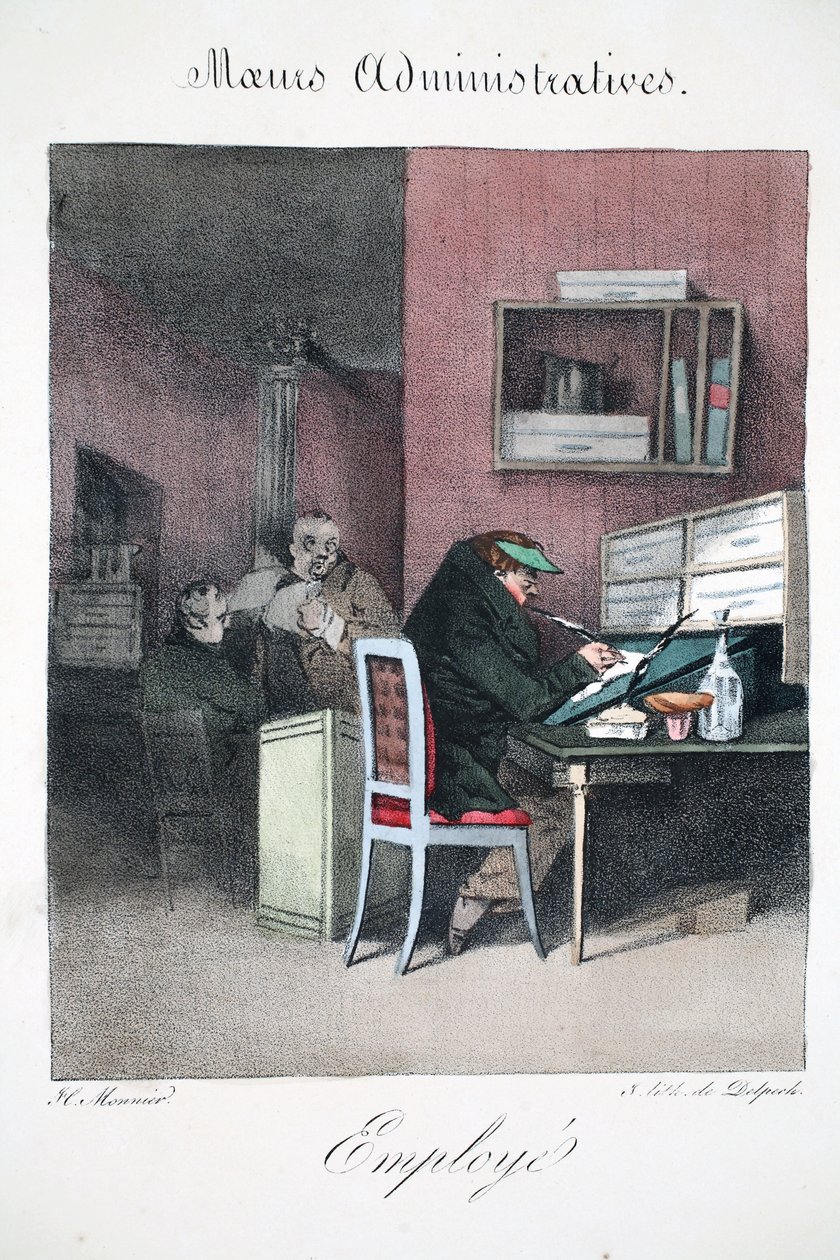 Empregado, ilustração de &39;Administrative Mores, Drawn From Nature&39;, de Henri Monnier, litografada por Delpech, pub. Paris, c.1828 (litho colorido à mão) de Henri Bonaventure Monnier