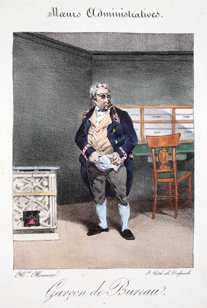 Menino de escritório, ilustração "dos costumes administrativos, tirada da natureza" por Henri Monnier, litografada por Delpech, bar. Paris, c.1828 (litho colorido à mão) de Henri Bonaventure Monnier