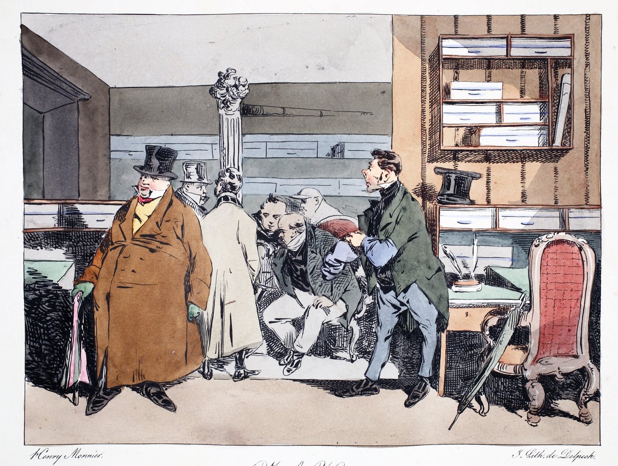Ilustração de &39;Administrative Mores, Drawn From Nature&39; de Henri Monnier, litografada por Delpech, pub. Paris, c.1828 (litho colorido à mão) de Henri Bonaventure Monnier