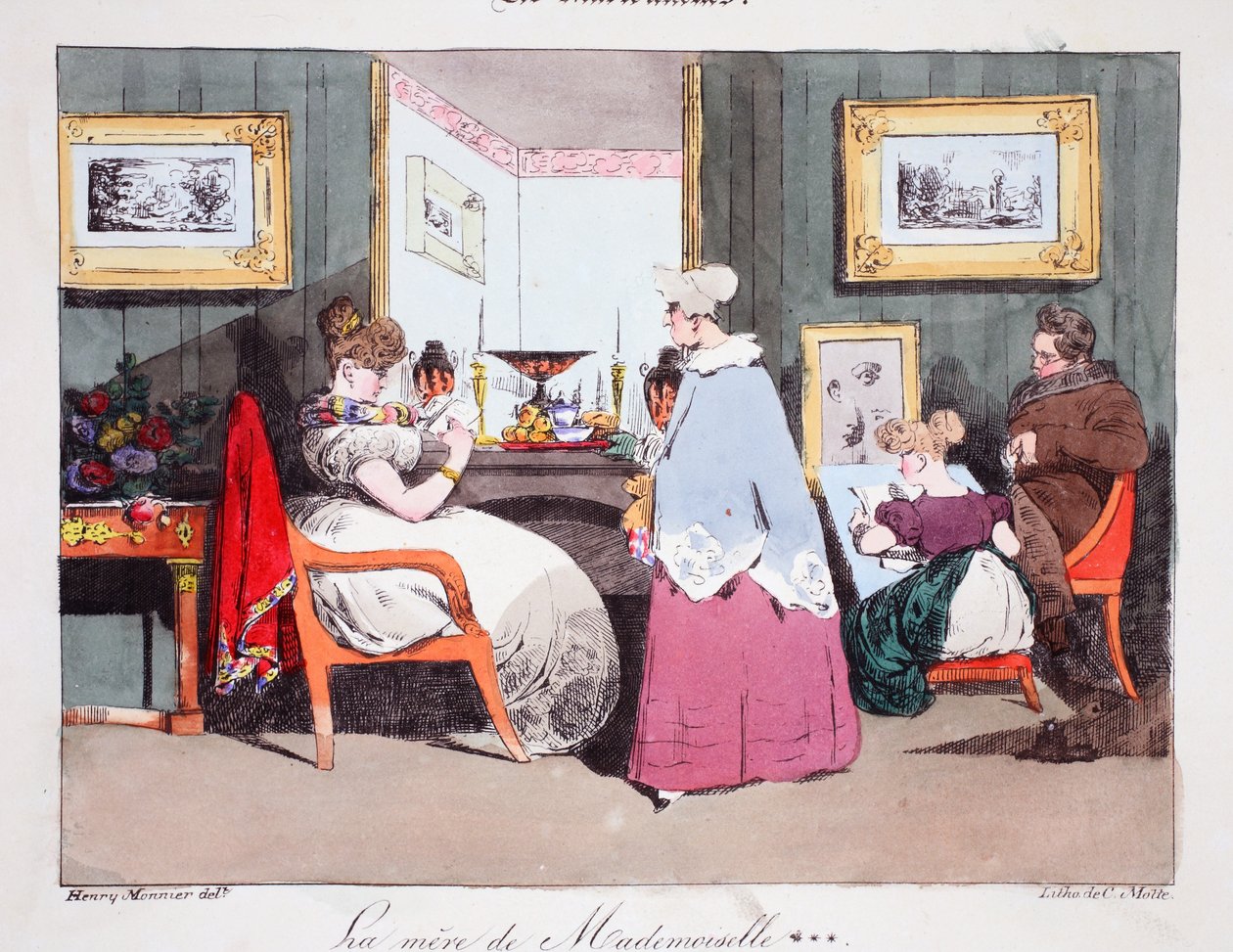 Mãe de Mademoiselle, ilustração de "Les Marionnettes" de Henri Monnier, litografada por Delpech, pub. Paris, c.1828 (litho colorido à mão) de Henri Bonaventure Monnier