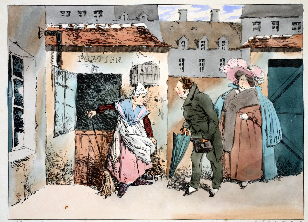 O merceeiro e o Portiere, c.1828 (litho colorido à mão) de Henri Bonaventure Monnier