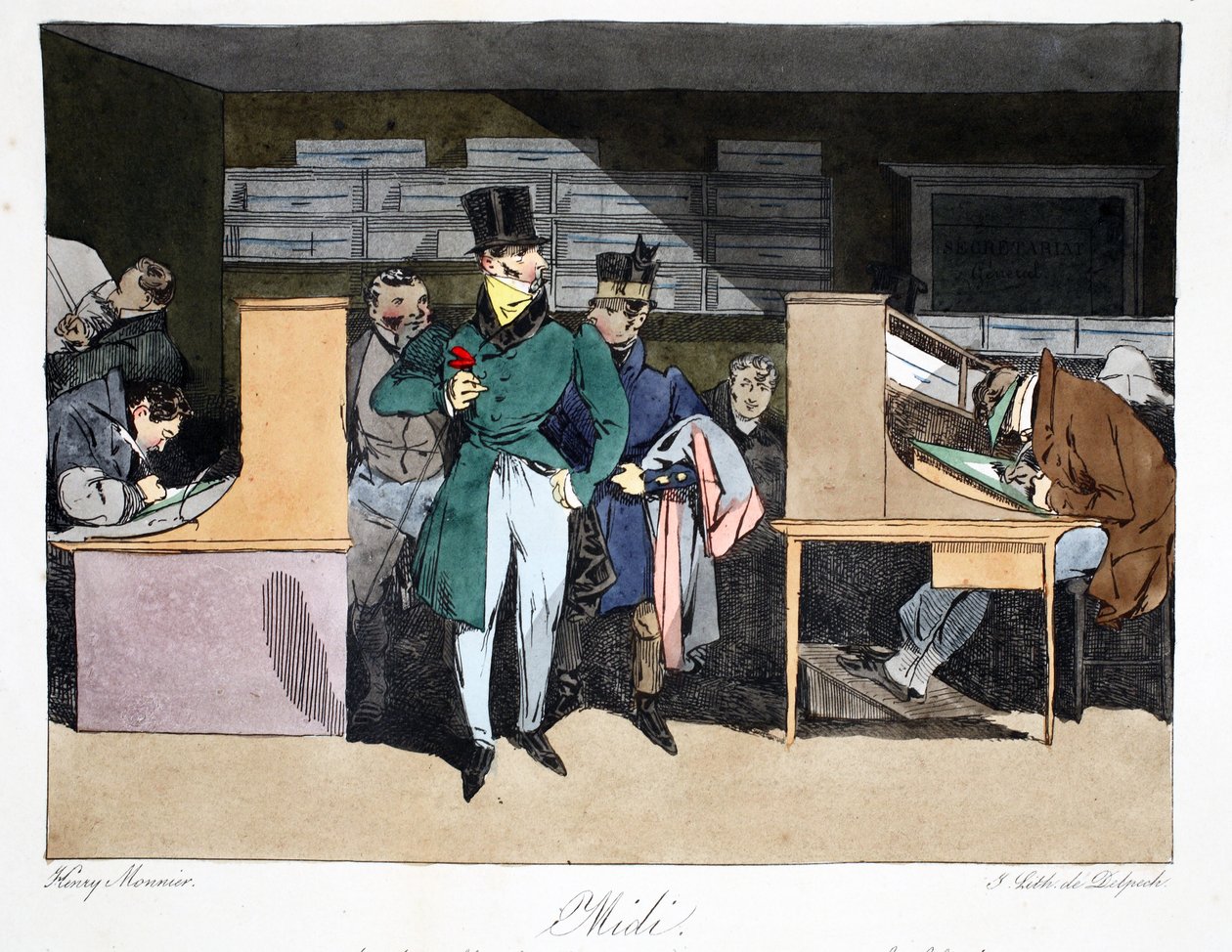 Meio-dia, ilustração de &39;Administrative Mores, Drawn From Nature&39; de Henri Monnier, litografada por Delpech, pub. Paris, c.1828 (litho colorido à mão) de Henri Bonaventure Monnier