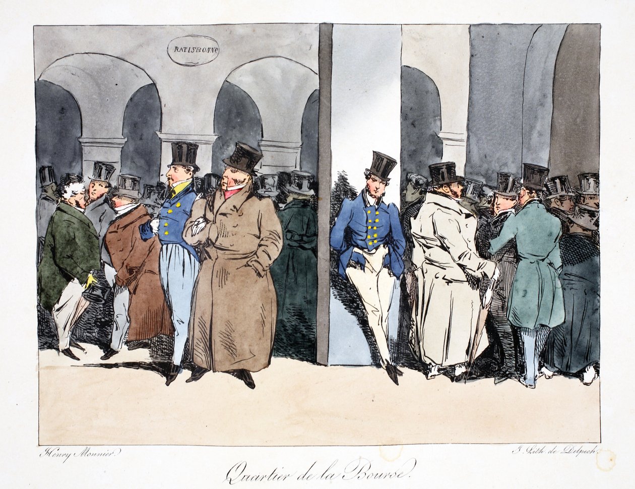 Quartier de la Bourse, ilustração de "Six Quartiers de Paris", de Henri Monnier, litografada por FS Delpech, pub. Paris, c.1828 (litho colorido à mão) de Henri Bonaventure Monnier