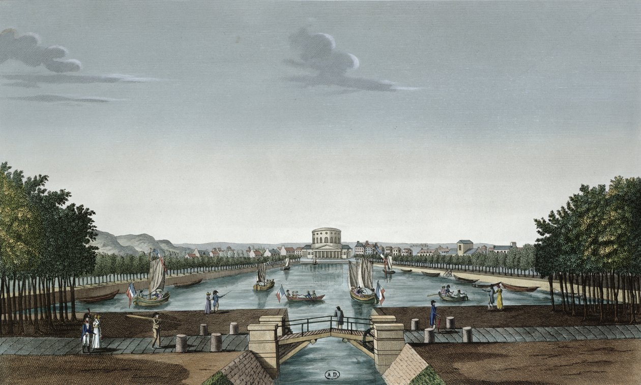 Vief da Bassin do Canal Ourq em La Villette, c.1815-20 (gravura a cores) de Henri Courvoisier-Voisin