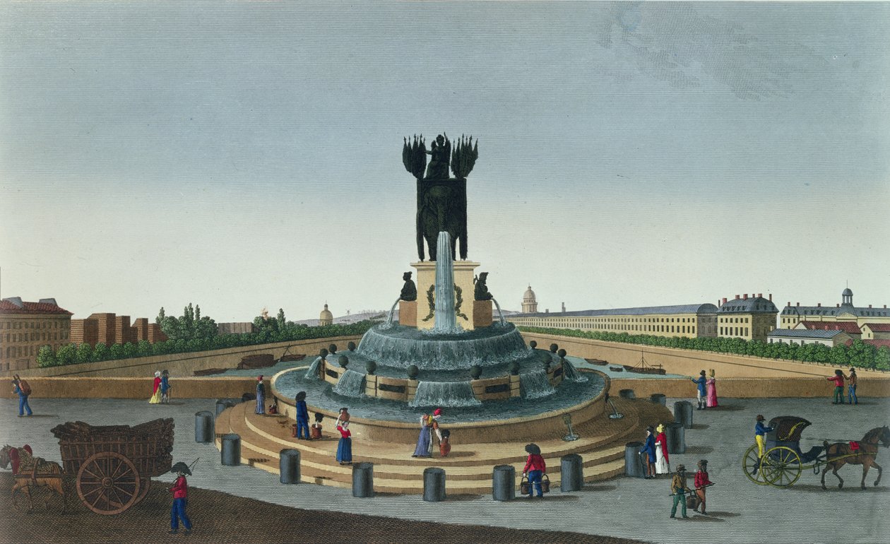 A fonte de elefante na Place de la Bastille, c.1815-20 (gravura de cor) de Henri Courvoisier Voisin