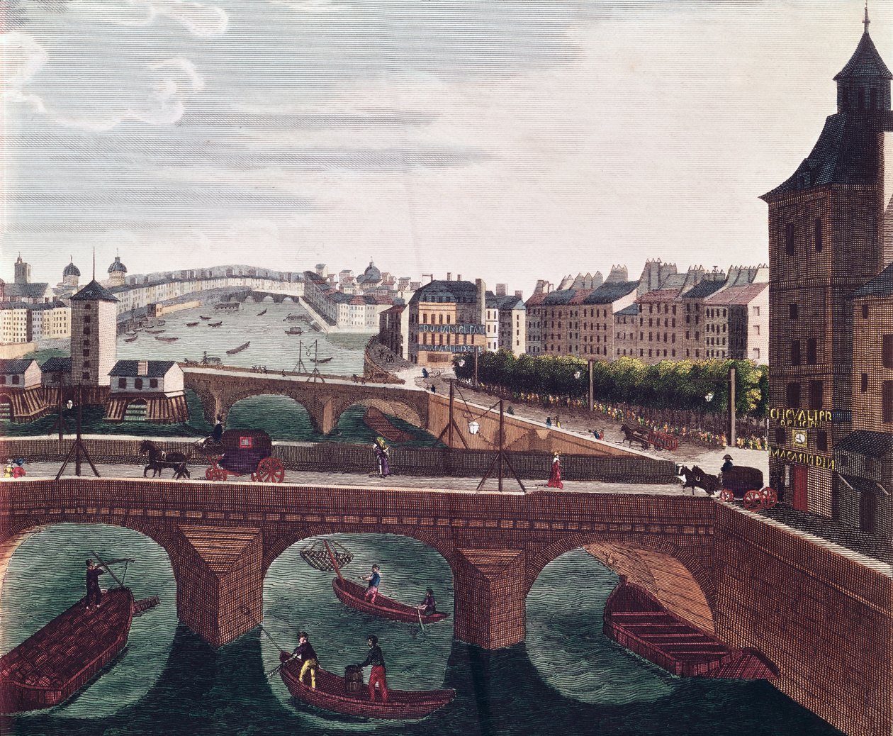 A Pont au Change e a Pont Notre Dame, c.1815-20 detalhes gravura de cor de 220485 de Henri Courvoisier Voisin