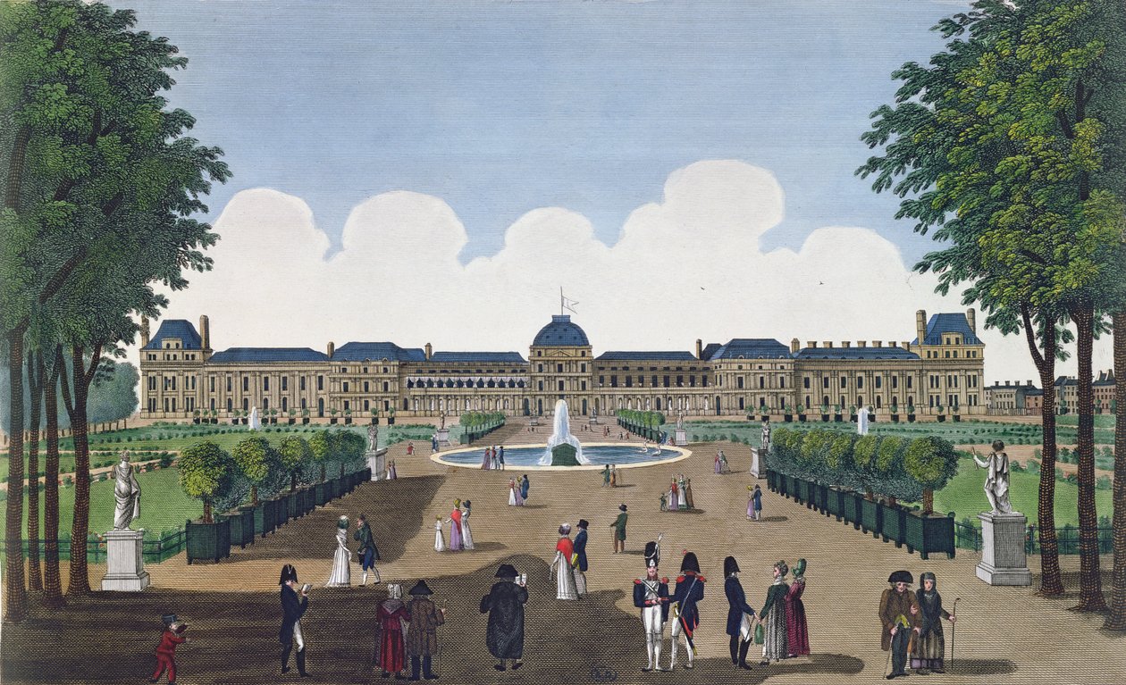 As Tulherias e os Jardins das Tulherias, c.1815-20 (gravura a cores) de Henri Courvoisier Voisin