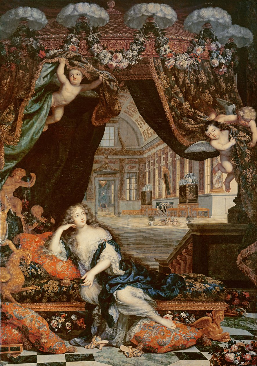 Retrato, de, senhora, de, Montespan, (1640-1707), reclinating, frente, galeria, de, a, claustry chateau de Henri Gascard