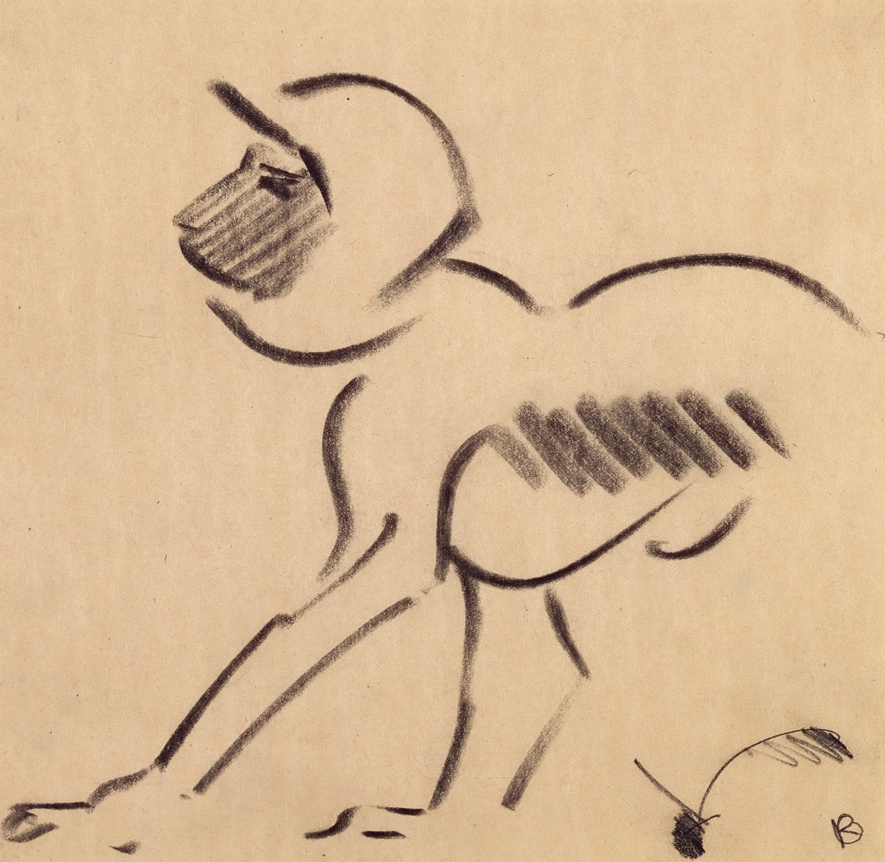 Macaco Agachado, c.1912-13 (carvão preto sobre papel cinza) de Henri Gaudier Brzeska