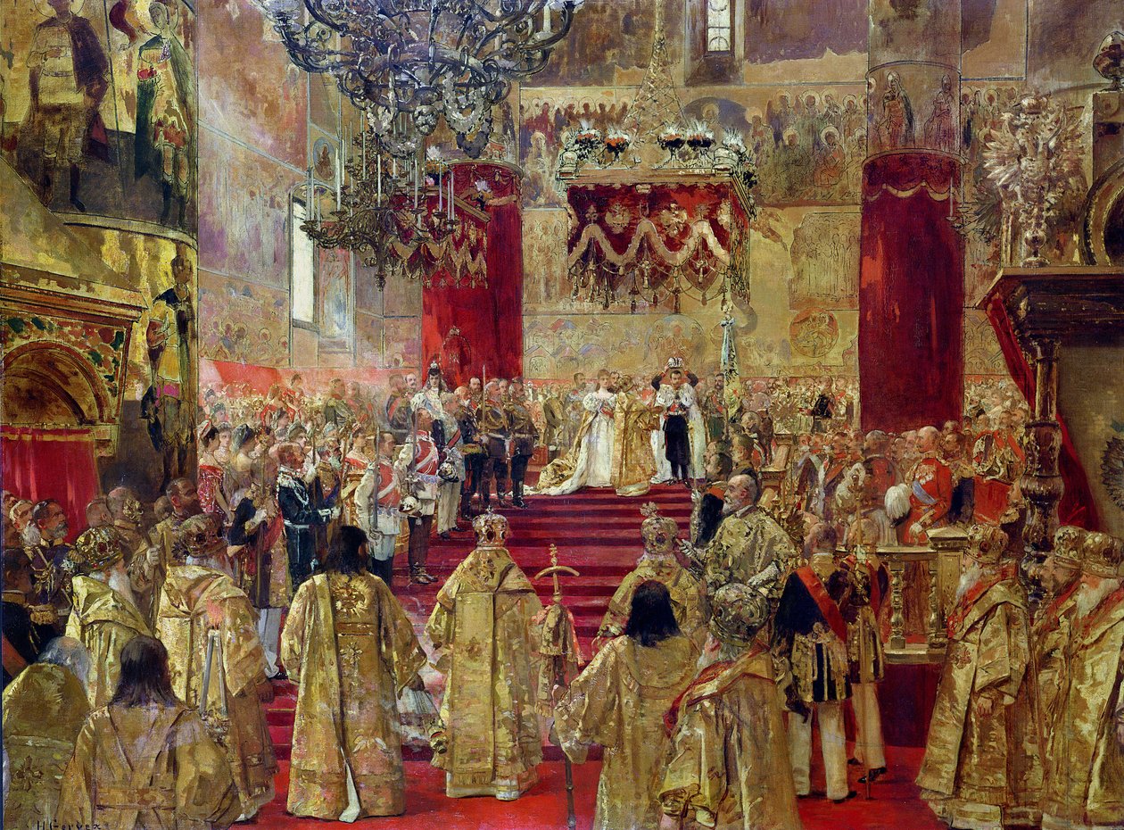 Estudo para a coroação do czar Nicolau II (1868-1918) e da czarina Alexandra (1872-1918) na Igreja da Assunção, Moscou, 14 de maio de 1896 de Henri Gervex
