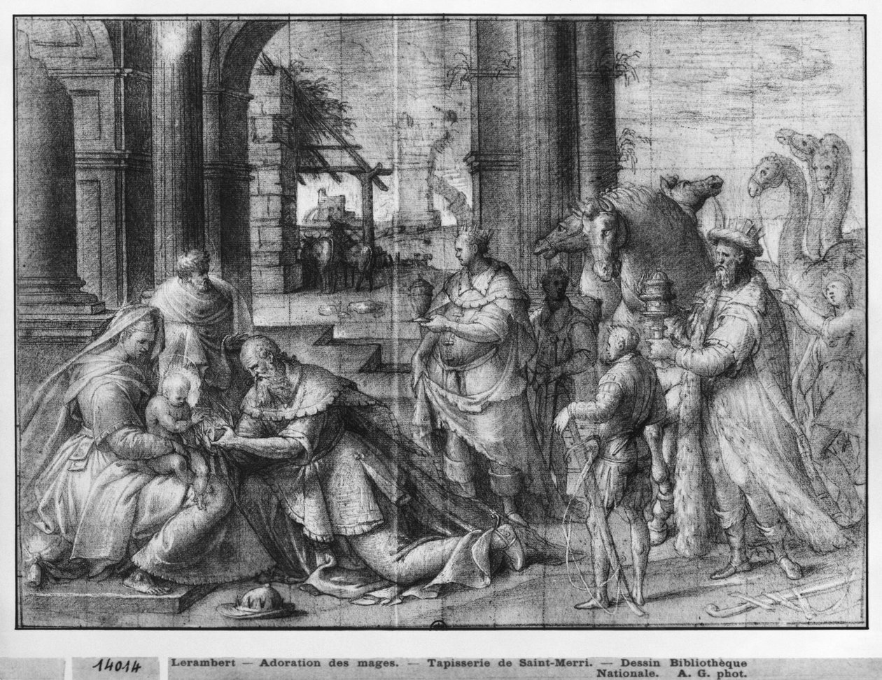 Vida de Cristo, Adoração dos Magos, estudo preparatório de desenho animado de tapeçaria para a Igreja Saint-Merri em Paris, c.1585-90 (Pierre Noire und Wash und White destaca no papel) de Henri Lerambert