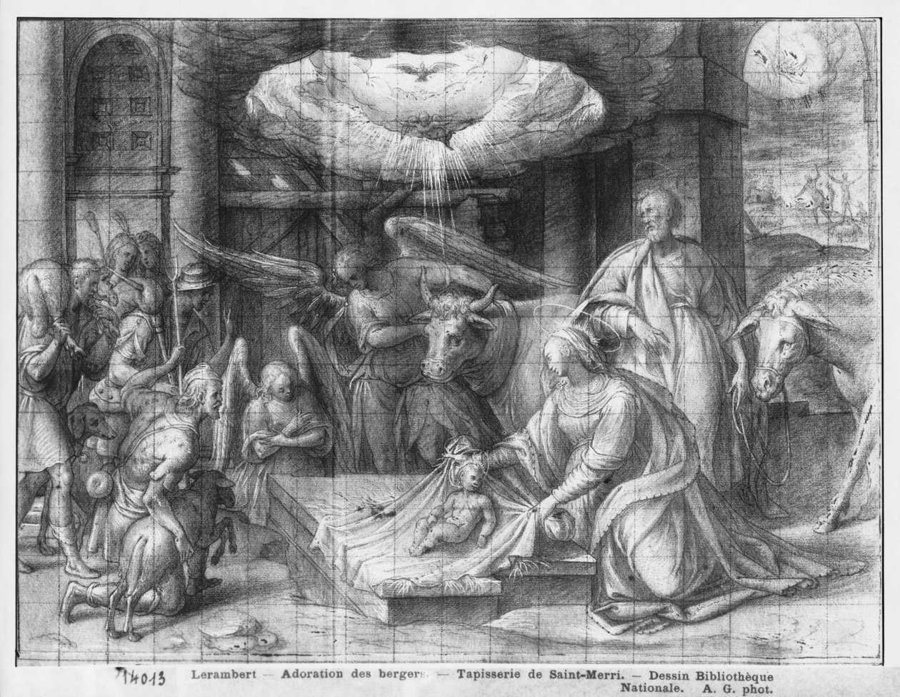 Vida de Cristo, adoração dos pastores, estudo preparatório de desenhos animados de tapeçaria para a Igreja Saint-Merri em Paris, c.1585-90 (Pierre Noire und Wash und White destaca no papel) de Henri Lerambert