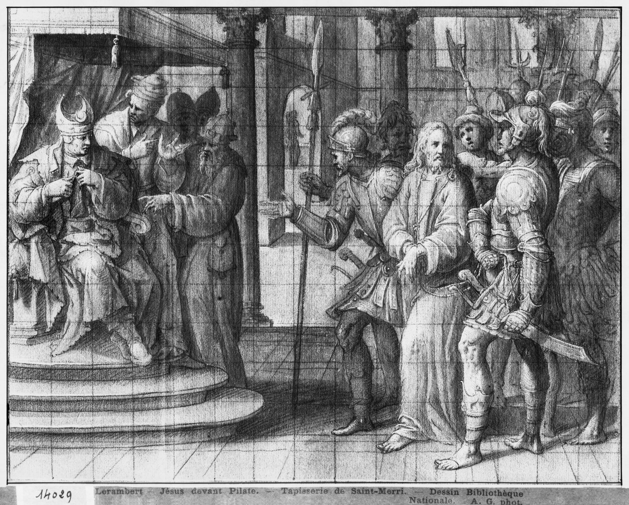 Vida de Cristo, Cristo antes de Pôncio Pilatos, estudo preparatório de desenho animado de tapeçaria para a Igreja Saint-Merri em Paris, c.1585-90 (Pierre Noire und Wash und White destaca no papel) de Henri Lerambert
