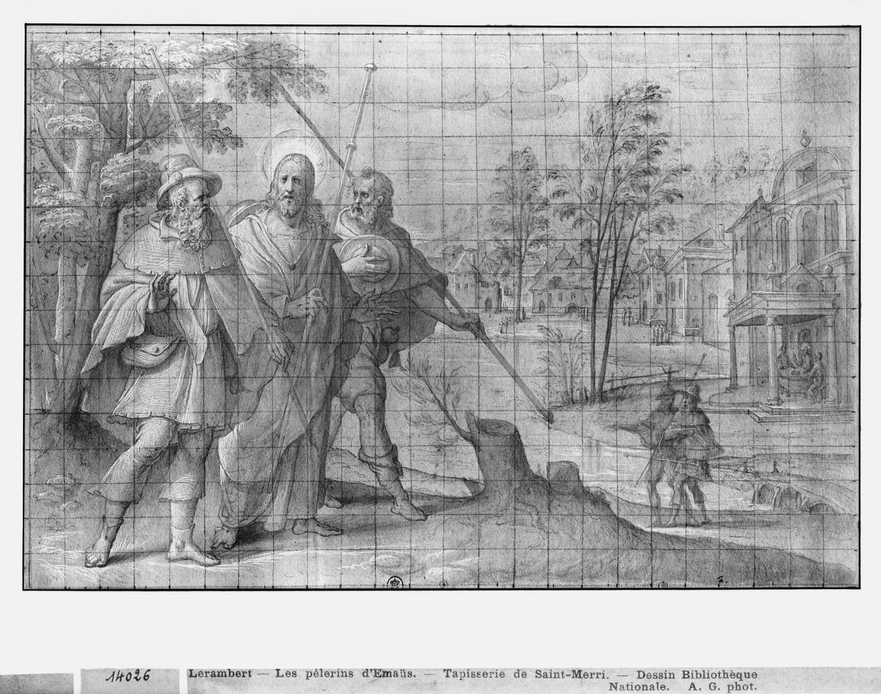 Vida de Cristo, Cristo no caminho para Emaús, estudo preparatório de desenhos de tapeçaria para a Igreja de Saint-Merri em Paris, c.1585-90 (Pierre Noire und Wash und White Stories on Paper) de Henri Lerambert