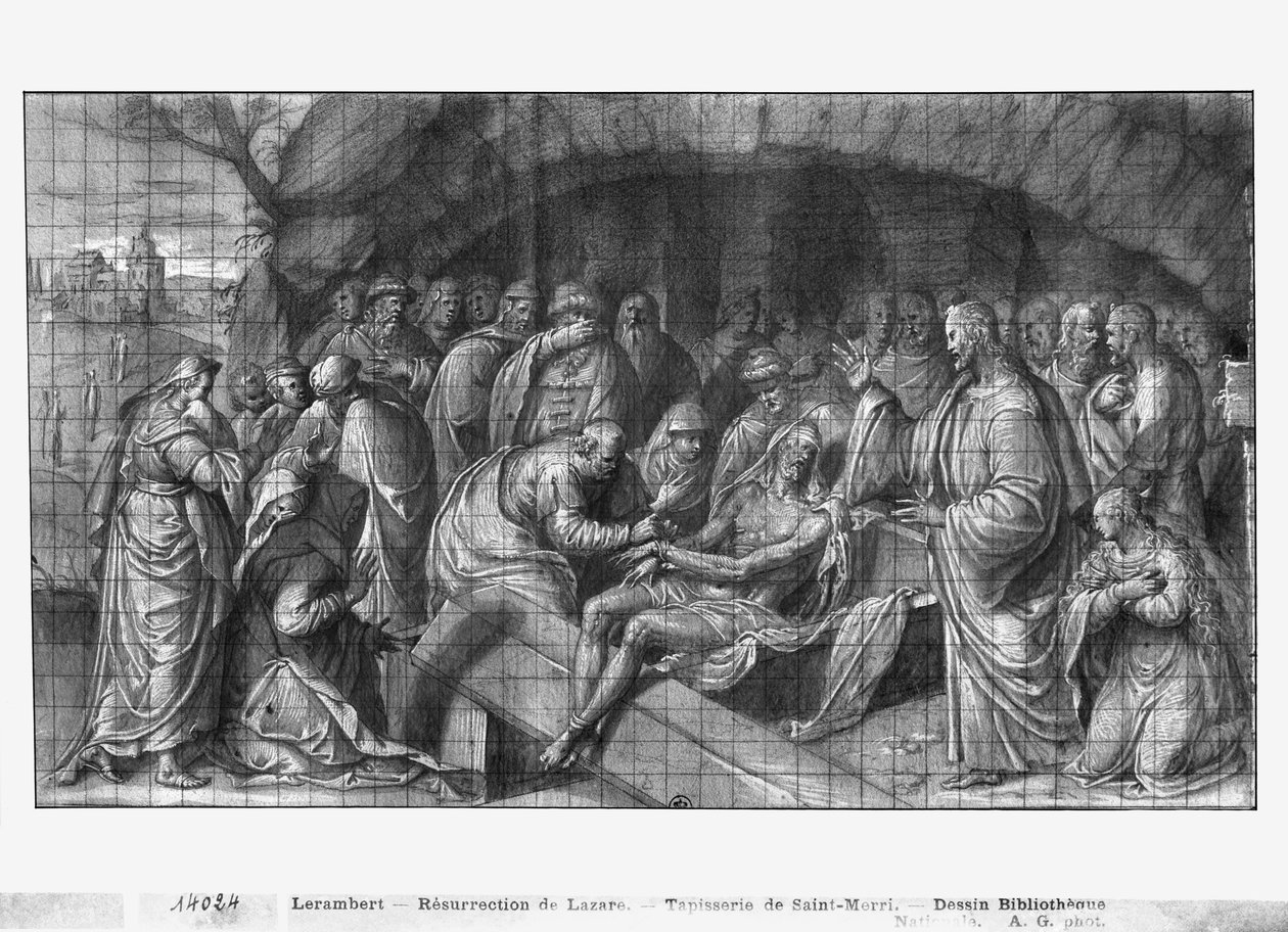 Vida de Cristo, Cristo ressuscitando Lázaro dos Mortos, estudo preparatório de desenho animado de tapeçaria para a Igreja de Saint-Merri em Paris, c.1585-90 (Pierre Noire und Wash und White destaca no papel) de Henri Lerambert