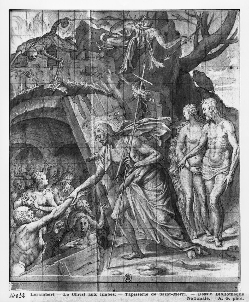 Vida de Cristo, Descida de Cristo ao Limbo, estudo preparatório de desenho de tapeçaria para a Igreja Saint-Merri em Paris, c.1585-90 (Pierre Noire und Wash und White destaca no papel) de Henri Lerambert