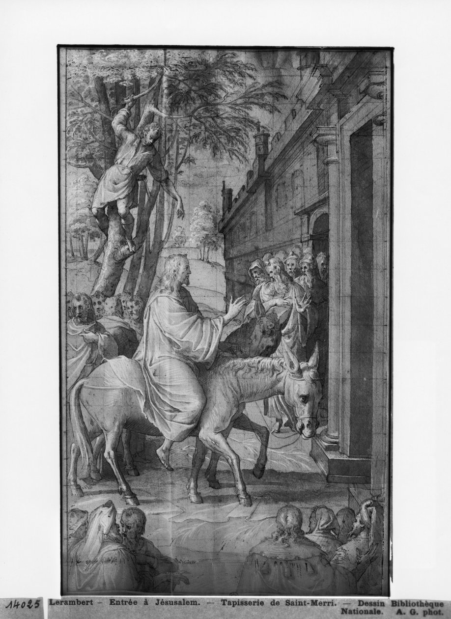 Vida de Cristo, Entrada de Cristo em Jerusalém, estudo preparatório de desenho de tapeçaria para a Igreja de Saint-Merri em Paris, c.1585-90 (Pierre Noire und Wash und White destaca no papel) de Henri Lerambert