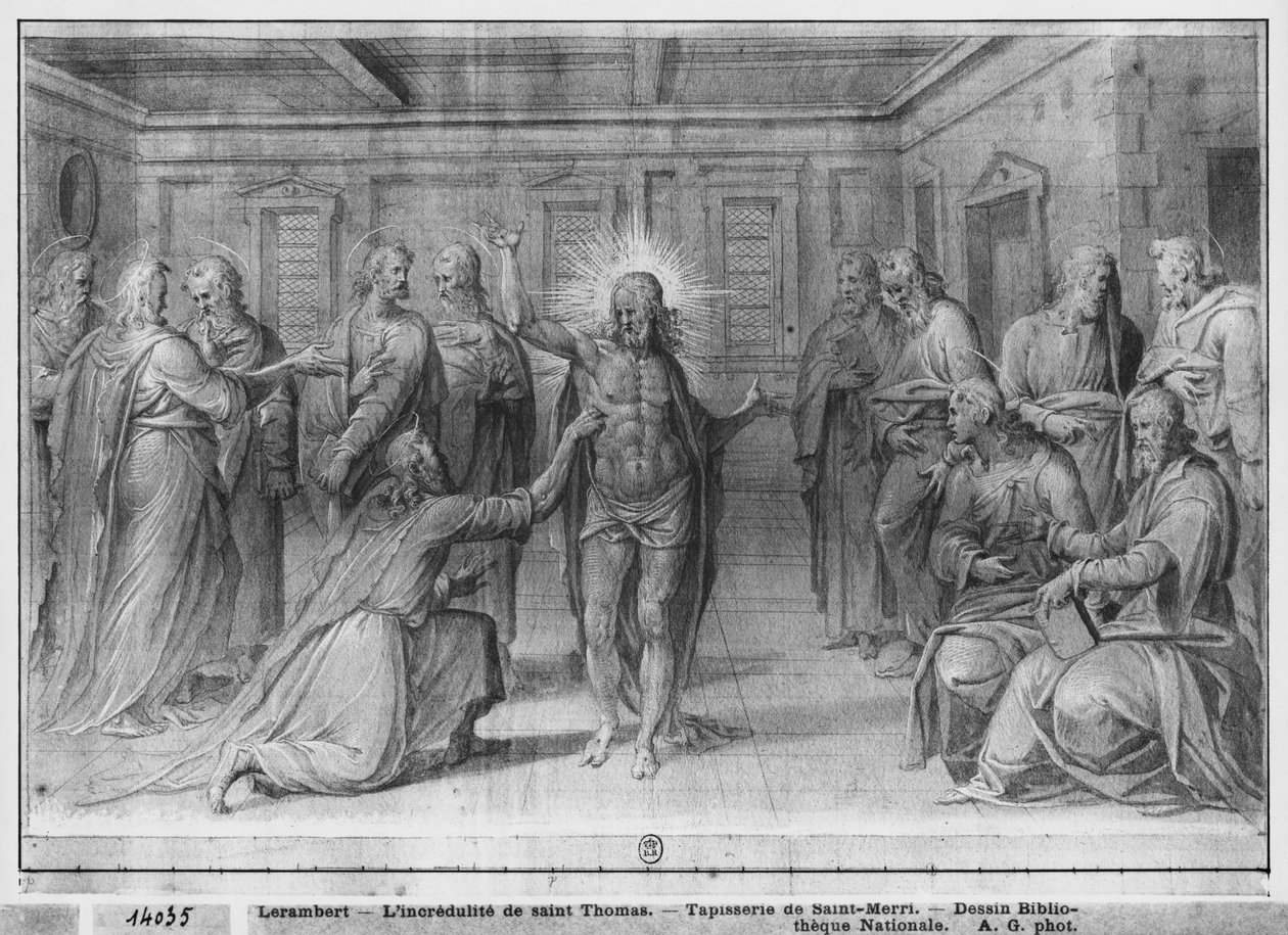 Vida de Cristo, Incredulidade de São Tomás, estudo preparatório de desenhos animados de tapeçaria para a Igreja Saint-Merri em Paris, c.1585-90 (Pierre Noire und Wash und White destaca no papel) de Henri Lerambert