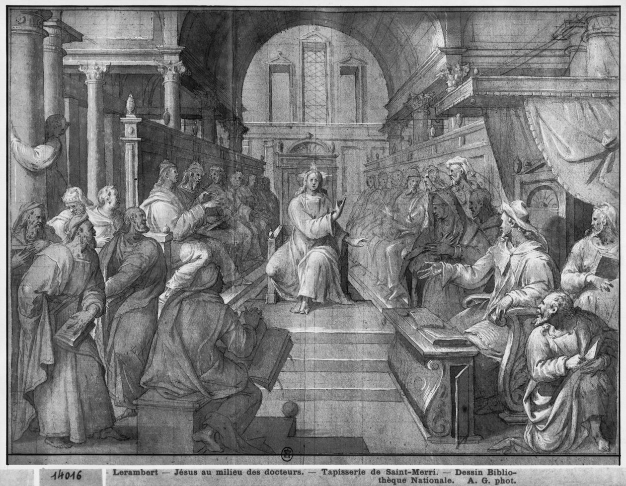 Vida de Cristo, Jesus entre os doutores, estudo preparatório de desenhos animados de tapeçaria para a Igreja Saint-Merri em Paris, c.1585-90 (Pierre Noire und Wash und White destaca no papel) de Henri Lerambert