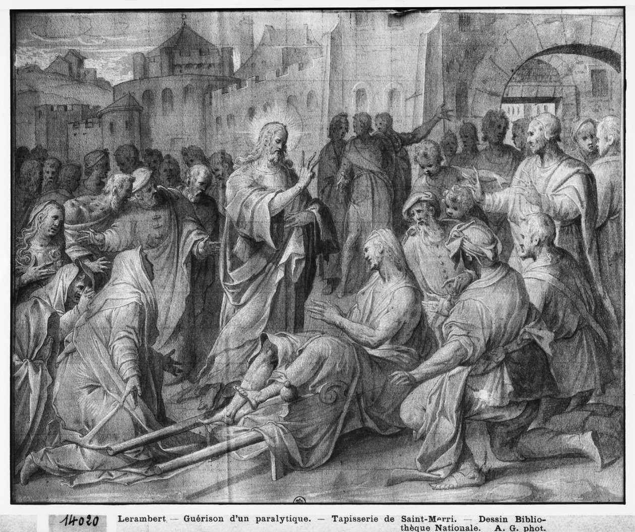 Vida de Cristo, Jesus curando um paralítico em Cafarnaum, estudo preparatório de desenho animado de tapeçaria para a Igreja Saint-Merri em Paris, c.1585-90 (Pierre Noire und Wash und White destaca no papel) de Henri Lerambert