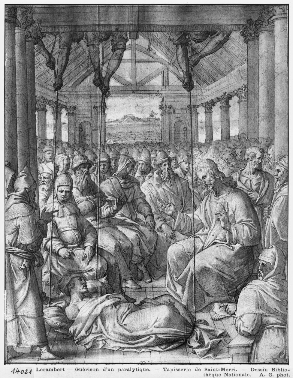 Vida de Cristo, Jesus curando um paralítico em Cafarnaum, estudo preparatório de desenho animado de tapeçaria para a Igreja Saint-Merri em Paris, c.1585-90 (Pierre Noire und Wash und White destaca no papel) de Henri Lerambert